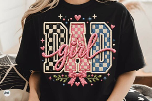 Dad Girl Checker Bow Faux Embroidery PNG